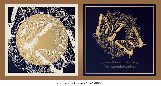 Envelope design, invitations for laser paper cutting. Square pocket with a floral pattern, an openwork frame and a gold-embossed card for wedding, festive, greeting polygraphy.