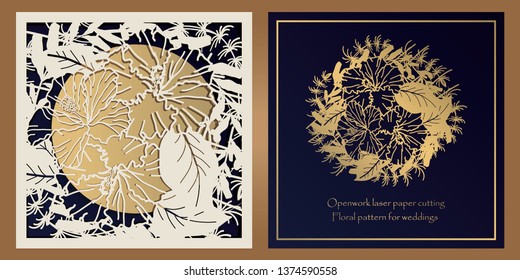 Envelope design, invitations for laser paper cutting. Square pocket with a floral pattern, an openwork frame and a gold-embossed card for wedding, festive, greeting polygraphy.