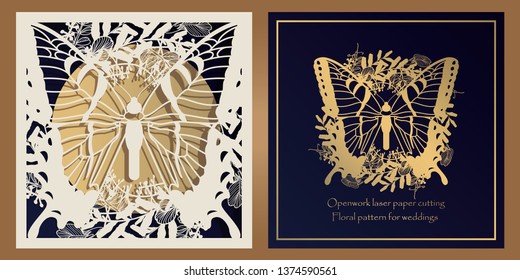 Envelope design, invitations for laser paper cutting. Square pocket with a floral pattern, an openwork frame and a gold-embossed card for wedding, festive, greeting polygraphy.