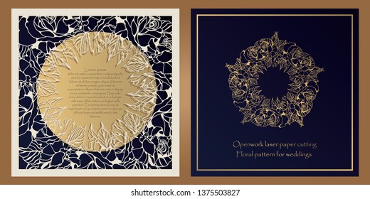 Envelope design, invitations for laser paper cutting. Square pocket with a floral pattern, an openwork frame and a gold-embossed card for wedding, festive, greeting polygraphy.