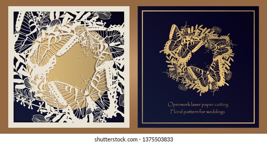 Envelope design, invitations for laser paper cutting. Square pocket with a floral pattern, an openwork frame and a gold-embossed card for wedding, festive, greeting polygraphy.