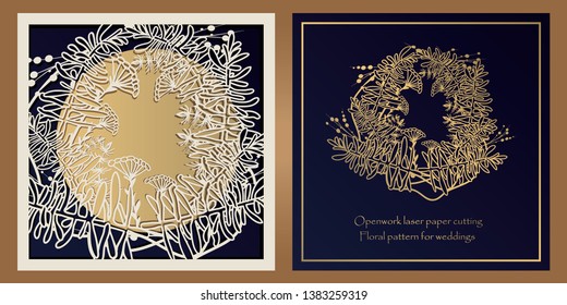 Envelope design, invitations for laser paper cutting. Square pocket with a floral pattern, an openwork frame and a gold-embossed card for wedding, festive, greeting polygraphy.