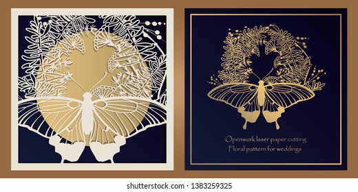 Envelope design, invitations for laser paper cutting. Square pocket with a floral pattern, an openwork frame and a gold-embossed card for wedding, festive, greeting polygraphy.