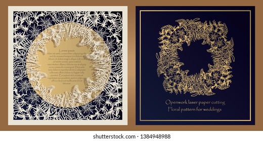 Envelope design, invitations for laser paper cutting. Square pocket with a floral pattern, an openwork frame and a gold-embossed card for wedding, festive, greeting polygraphy.