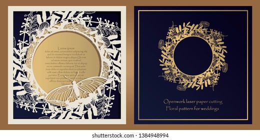Envelope design, invitations for laser paper cutting. Square pocket with a floral pattern, an openwork frame and a gold-embossed card for wedding, festive, greeting polygraphy.