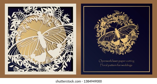 Envelope design, invitations for laser paper cutting. Square pocket with a floral pattern, an openwork frame and a gold-embossed card for wedding, festive, greeting polygraphy.