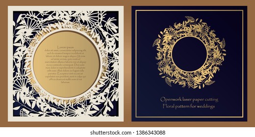 Envelope design, invitations for laser paper cutting. Square pocket with a floral pattern, an openwork frame and a gold-embossed card for wedding, festive, greeting polygraphy.