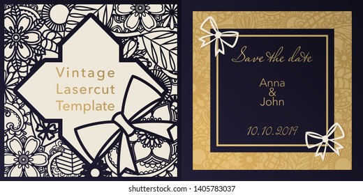 Envelope design, invitations for laser paper cutting. Square pocket with a floral pattern, an openwork frame and gold embossed cards for a wedding, festival, greeting printing.