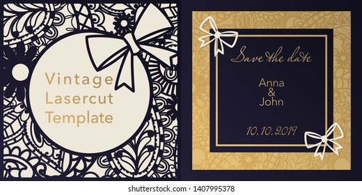 Envelope design, invitations for laser paper cutting. Square pocket with a floral pattern, an openwork frame and gold embossed Greeting card for a wedding, festival, greeting printing.