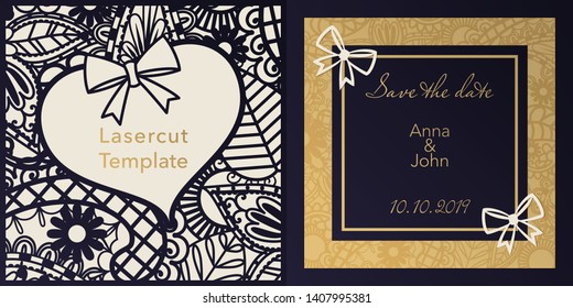 Envelope design, invitations for laser paper cutting. Square pocket with a floral pattern, an openwork frame and gold embossed Greeting card for a wedding, festival, greeting printing.