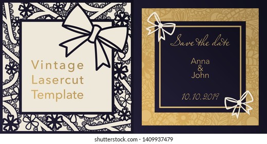 Envelope design, invitations for laser paper cutting. Square pocket with a floral pattern, an openwork frame and gold embossed cards for a wedding, festival, greeting printing.