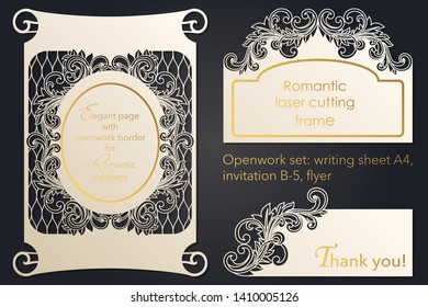 Envelope design, invitations for laser paper cutting. Square pocket with a floral pattern, an openwork frame and gold embossed cards for a wedding, festival, greeting printing.
