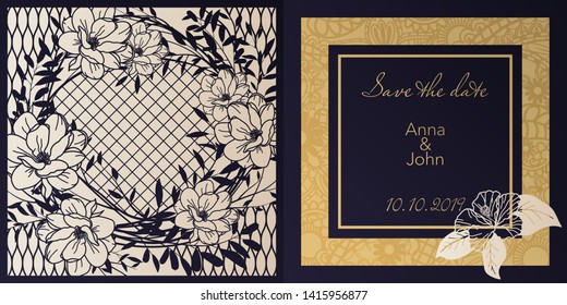 Envelope design, invitations for laser paper cutting. Square pocket with a floral pattern, an openwork frame and a gold-embossed card for wedding, festive, greeting polygraphy.