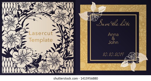 Envelope design, invitations for laser paper cutting. Square pocket with a floral pattern, an openwork frame and a gold-embossed card for wedding, festive, greeting polygraphy.