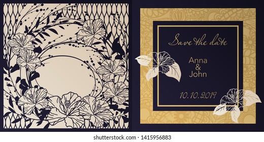 Envelope design, invitations for laser paper cutting. Square pocket with a floral pattern, an openwork frame and a gold-embossed card for wedding, festive, greeting polygraphy.