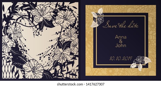 Envelope design, invitations for laser paper cutting. Square pocket with a floral pattern, an openwork frame and a gold-embossed card for wedding, festive, greeting polygraphy.