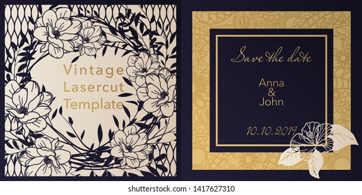 Envelope design, invitations for laser paper cutting. Square pocket with a floral pattern, an openwork frame and a gold-embossed card for wedding, festive, greeting polygraphy.