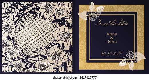 Envelope design, invitations for laser paper cutting. Square pocket with a floral pattern, an openwork frame and a gold-embossed card for wedding, festive, greeting polygraphy.