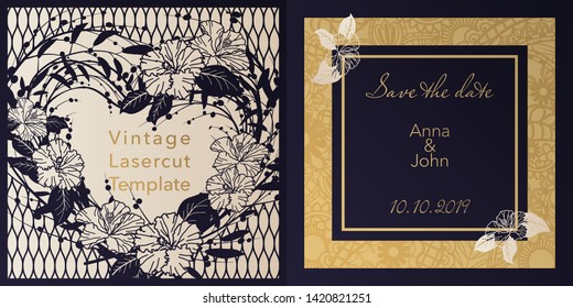 Envelope design, invitations for laser paper cutting. Square pocket with a floral pattern, an openwork frame and a gold-embossed card for wedding, festive, greeting polygraphy.