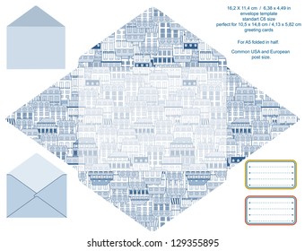 Envelope designer template, cityscape travel related pattern. Blank label included. Isolated.