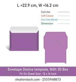Envelope Dieline template, With 3D Box, Size 22.9x16.2 cm