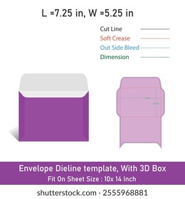 Envelope Dieline template, With 3D Box, Size 7.25 inx 5.25 in