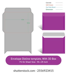 Envelope Dieline template, And 3D Box, Size 13 inx 10 in
