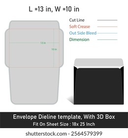 Envelope Dieline template, With 3D Box, Size 13x10 in