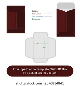 Envelope Dieline template, With 3D Box, Size 16x16 in