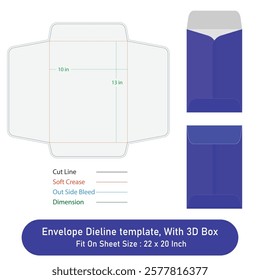 Envelope Dieline template, and 3D Box, Size 10 x 13 in, Vector File