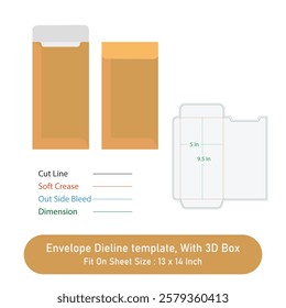 Envelope Dieline template, With 3D Box, Size 5 x 9.5 in, Vector File