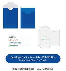 Envelope Dieline template, And 3D Box, Size 5 x 8 in, Vector File