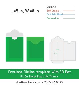 Envelope Dieline template, With 3D Box, Size 5 x 8 in, Vector File