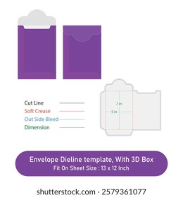Envelope Dieline template, And 3D Box, Size 5 x 7 in, Vector File