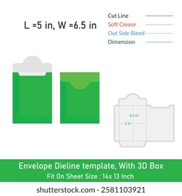Envelope Dieline template, With 3D Box, Size 5 x 6.5 in, Vector File