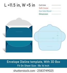 Envelope Dieline template, With 3D Box, Size 11.5 x 5 in, Vector File