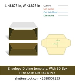 Envelope Dieline template, With 3D Box, Size 8.875 x 8.875, Vector File