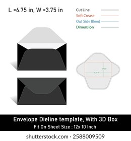 Envelope Dieline template, With 3D Box, Size 6.75 x 3.75, Vector File