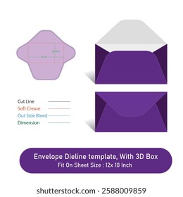 Envelope Dieline template, And 3D Box, Size 6.5 x 3.625, Vector File
