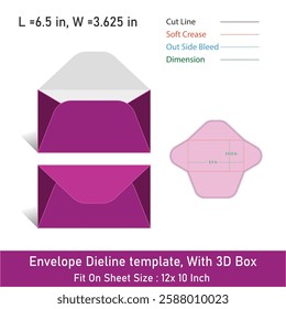 Envelope Dieline template, With 3D Box, Size 6.5 x 3.625, Vector File