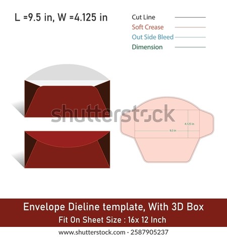 Envelope Dieline template, With 3D Box, Size 9.5 x 4.125, Vector File
