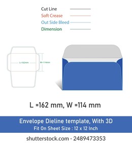 Envelope Dieline template, 3D, Size 162x114mm