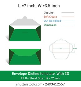 Envelope Dieline template, With 3D, Size 7x3.5 inch