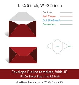 Envelope Dieline template, With 3D, Size 4.5x2.5 inch