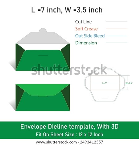 Envelope Dieline template, With 3D, Size 7x3.5 inch