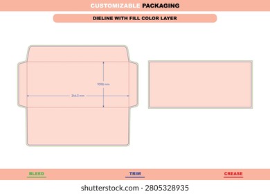 Envelope dieline template with bleed, trim, and crease lines, featuring dimensions of 246.3 mm by 109.8 mm and a soft peach fill color layer for print production