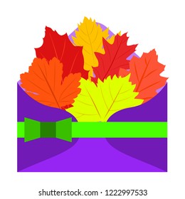 Envelope with different colored autumn leaves on white background
