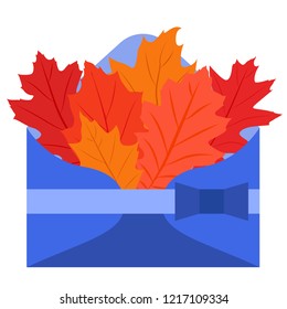 Envelope with different colored autumn oak leaves on white background