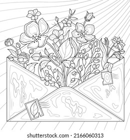 Envelope with different flowers.Coloring book antistress for children and adults. Illustration isolated on white background.Zen-tangle style.