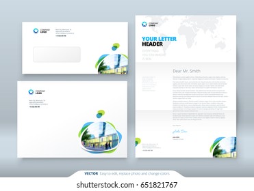 Envelope DL, C5, Letterhead. Corporate Business Template For Envelope And Letter. Layout With Modern Colored Spots Abstract Background. Creative Vector